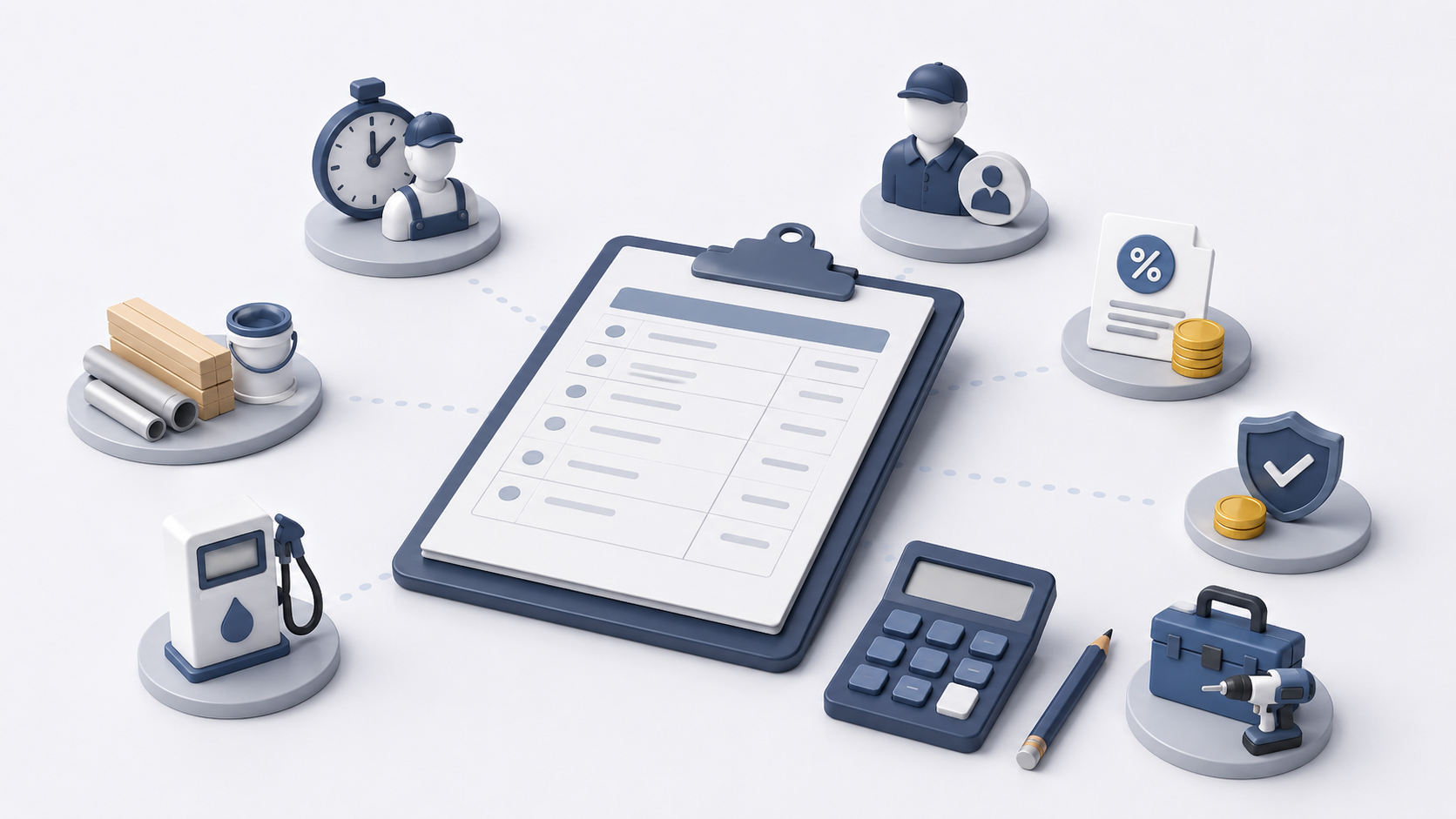 3D illustration of quote costs, materials, labour, calculator and margin components